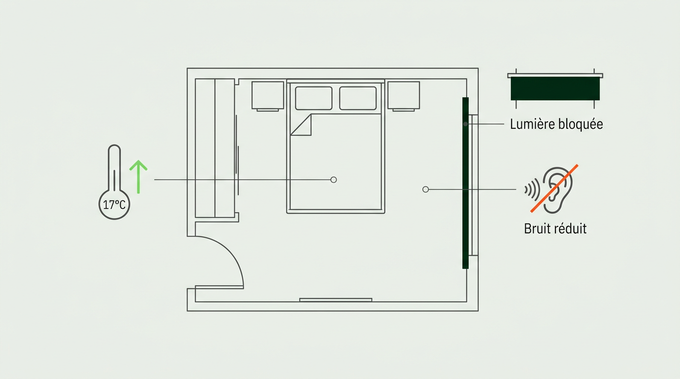 Schéma de chambre à coucher vu de dessus en style ligne scientifique sur fond #EBEFE8. Trois zones annotées avec des icônes minimalistes : un thermomètre indiquant 17°C avec une flèche verte (#76DB5D), une fenêtre avec des rideaux occultants symbolisés par une barre noire (#002B14) et un label Lumière bloquée, une oreille stylisée avec des ondes sonores barrées en #FE581B label Bruit réduit. Composition horizontale, très épurée, labels courts, IBM Plex Sans Condensed.