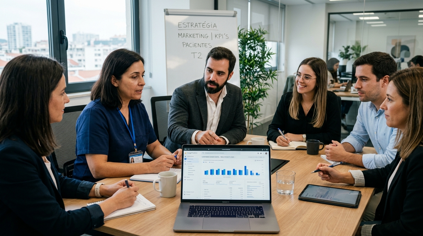 Fotografia de uma equipa de marketing digital em reunião com uma profissional de saúde, analisando resultados em computador portátil, ambiente profissional e colaborativo