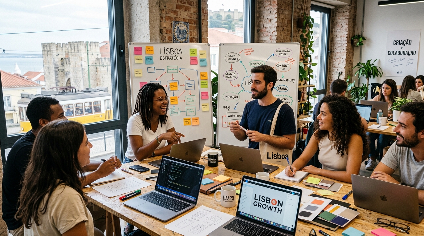 Fotografia de uma equipa jovem e diversificada a trabalhar em conjunto num espaço de trabalho criativo em Lisboa, com quadros brancos com estratégias, laptops e materiais de design na mesa