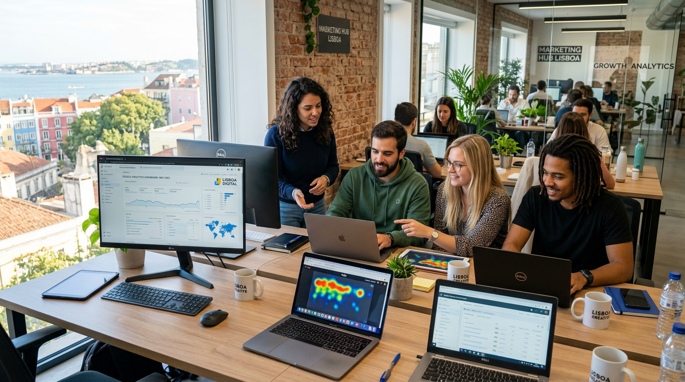 Fotografia de uma equipa jovem de marketing digital a trabalhar em conjunto num escritório contemporâneo em Lisboa, com monitores a mostrar dashboards de análise e mapas de calor de sites