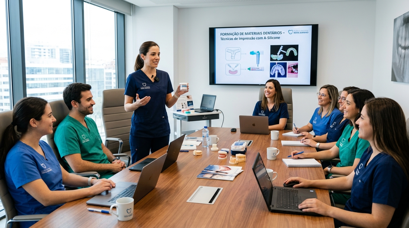Fotografia de uma equipa de clínica dentária em reunião de formação, com uma colaboradora a apresentar materiais numa sala de reunião profissional e moderna