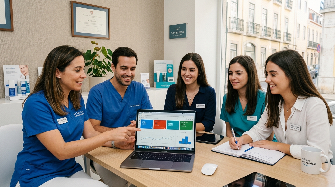 Fotografia de pequena equipa de clínica dentária reunida à volta de um computador portátil a analisar resultados de marketing digital, ambiente profissional e colaborativo, Portugal