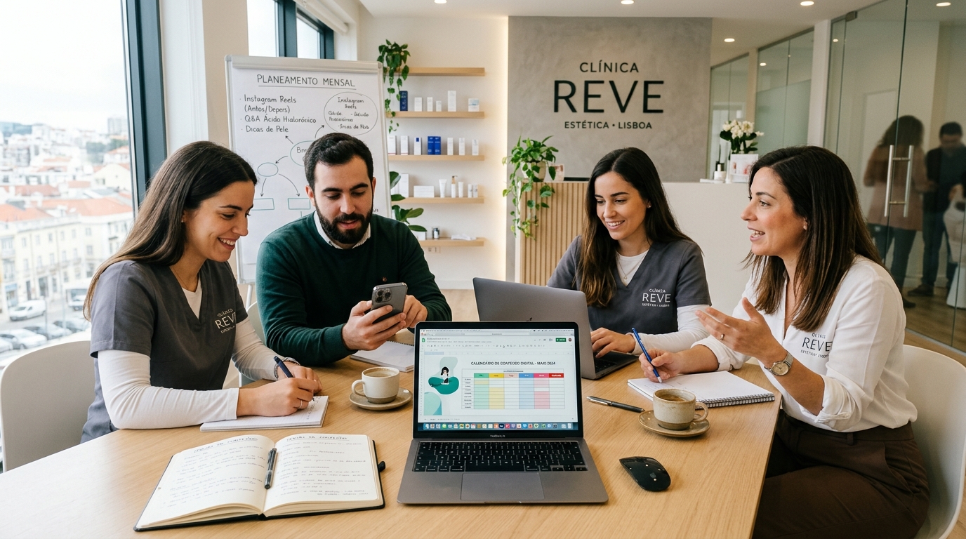 Equipa jovem e profissional de uma clínica de estética portuguesa a trabalhar em conjunto numa sessão de planeamento de conteúdo digital, com smartphone, notebook e calendário editorial na mesa, ambiente luminoso e moderno