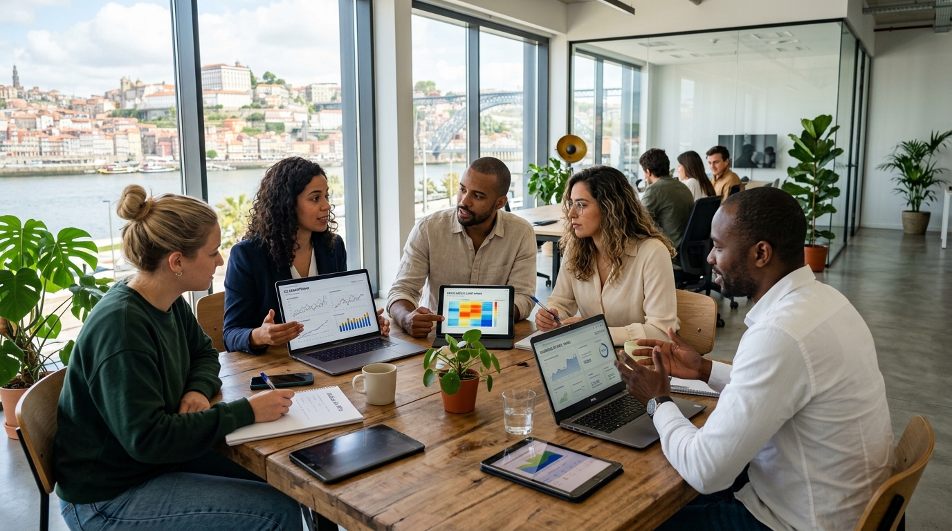 Equipa de profissionais jovens reunida à volta de uma mesa de trabalho moderna, a analisar gráficos e resultados em tablets e computadores portáteis, num ambiente de escritório luminoso e contemporâneo