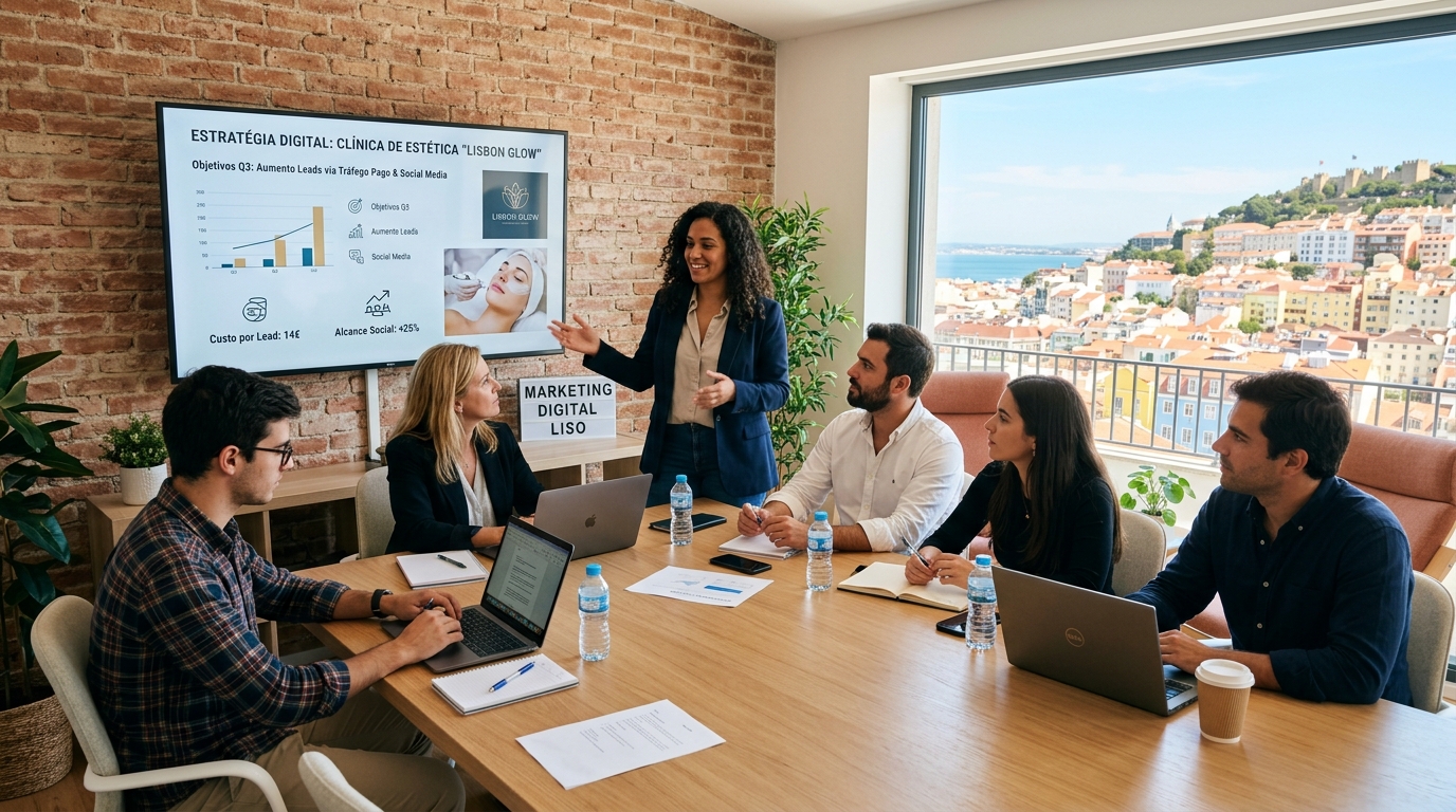 Fotografia de uma reunião de equipa de marketing digital numa sala moderna em Lisboa, com apresentação de estratégia digital para clínica de estética visível num ecrã