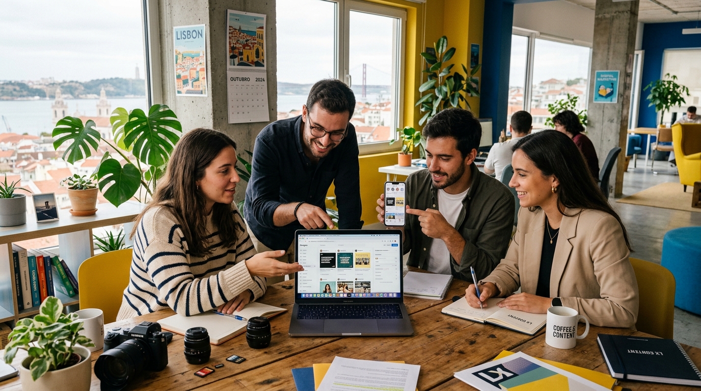 Fotografia de uma pequena equipa de trabalho reunida à volta de um computador e telemóvel, a planear conteúdo para redes sociais num ambiente de escritório moderno e descontraído em Lisboa