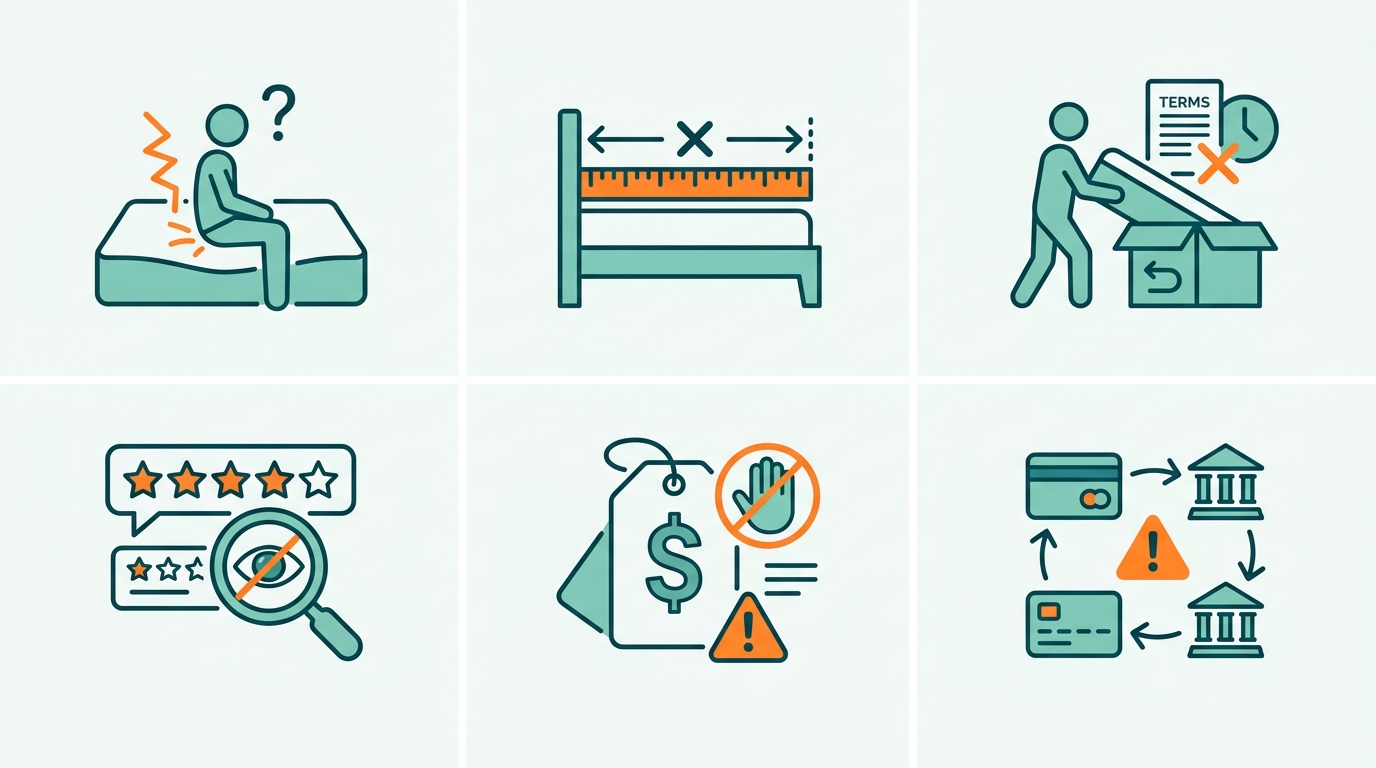 Flat vector diagram illustrating six common mistakes when buying a mattress online: firmness wrong choice, incorrect measurements, return policy ignored, no reviews read, price-only focus, and payment options overlooked. Six simple flat icons arranged in a clean 3x2 grid on an off-white background, each icon outlined in #008282 with soft #78C2B2 accents and #FF8A30 warning indicators, generous whitespace, no text, no labels, no photorealism