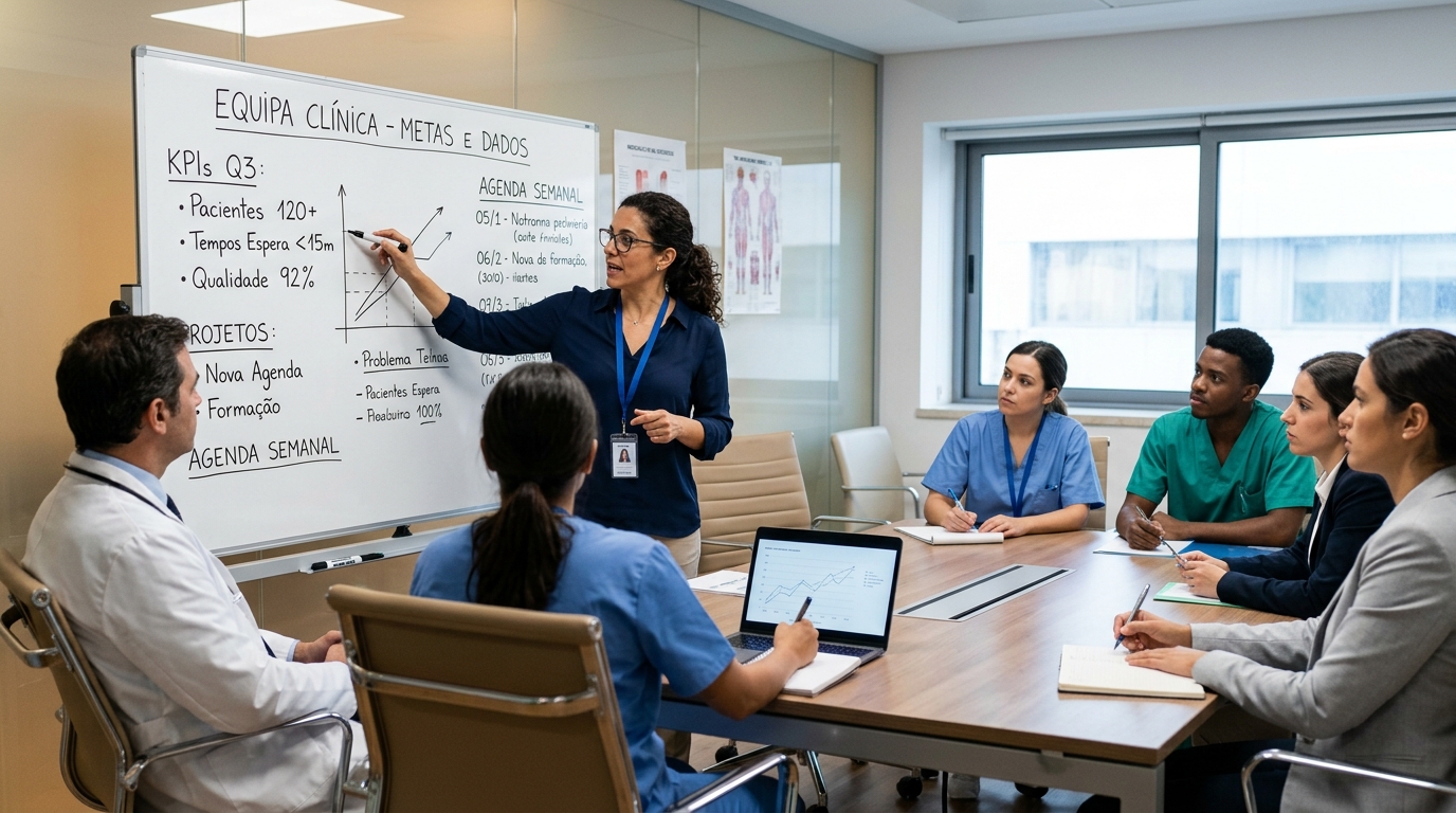 Fotografia de uma reunião de equipa de clínica médica onde uma gestora apresenta informações num quadro branco a colaboradores atentos
