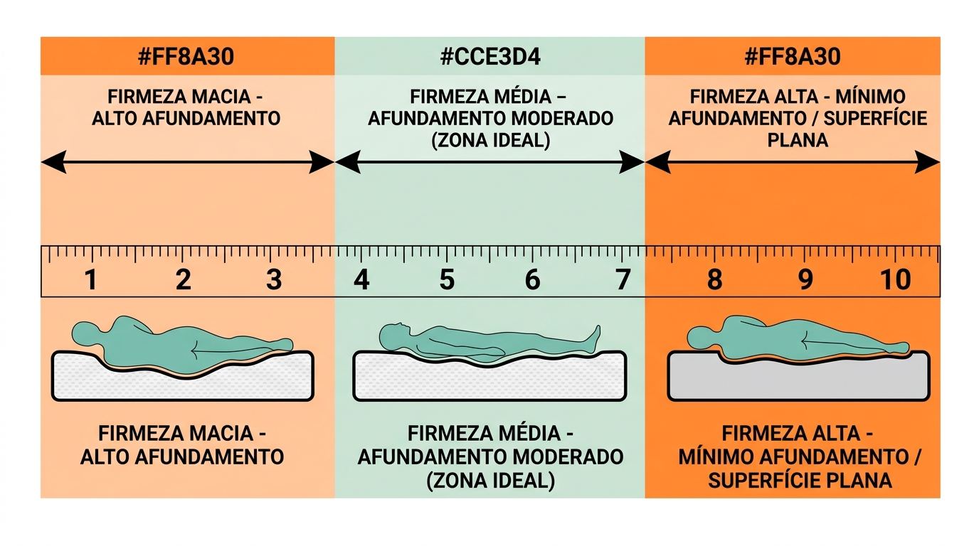 Diagrama horizontal em escala de 1 a 10 mostrando a progressão de firmeza de colchão. À esquerda (valores 1-3) uma representação de superfície que afunda bastante, ao centro (valores 4-6) uma superfície com afundamento moderado, à direita (valores 7-10) uma superfície quase plana com mínimo afundamento. Zonas delimitadas com cores #CCE3D4 para a faixa média ideal e #FF8A30 para os extremos. Silhuetas de corpo deitado em #78C2B2.
