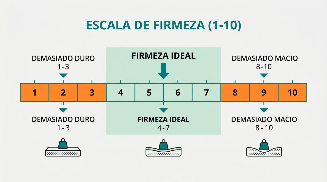 Diagrama horizontal mostrando uma escala de firmeza de 1 a 10 com três zonas coloridas: zona 1-3 em #FF8A30 (demasiado duro), zona 4-7 em #CCE3D4 (firmeza ideal, zona destacada), zona 8-10 em #FF8A30 (demasiado macio). Pequenas setas indicam as zonas. Fundo #F9F9F9, linhas em #008282. Composição horizontal 16:9, minimalista.