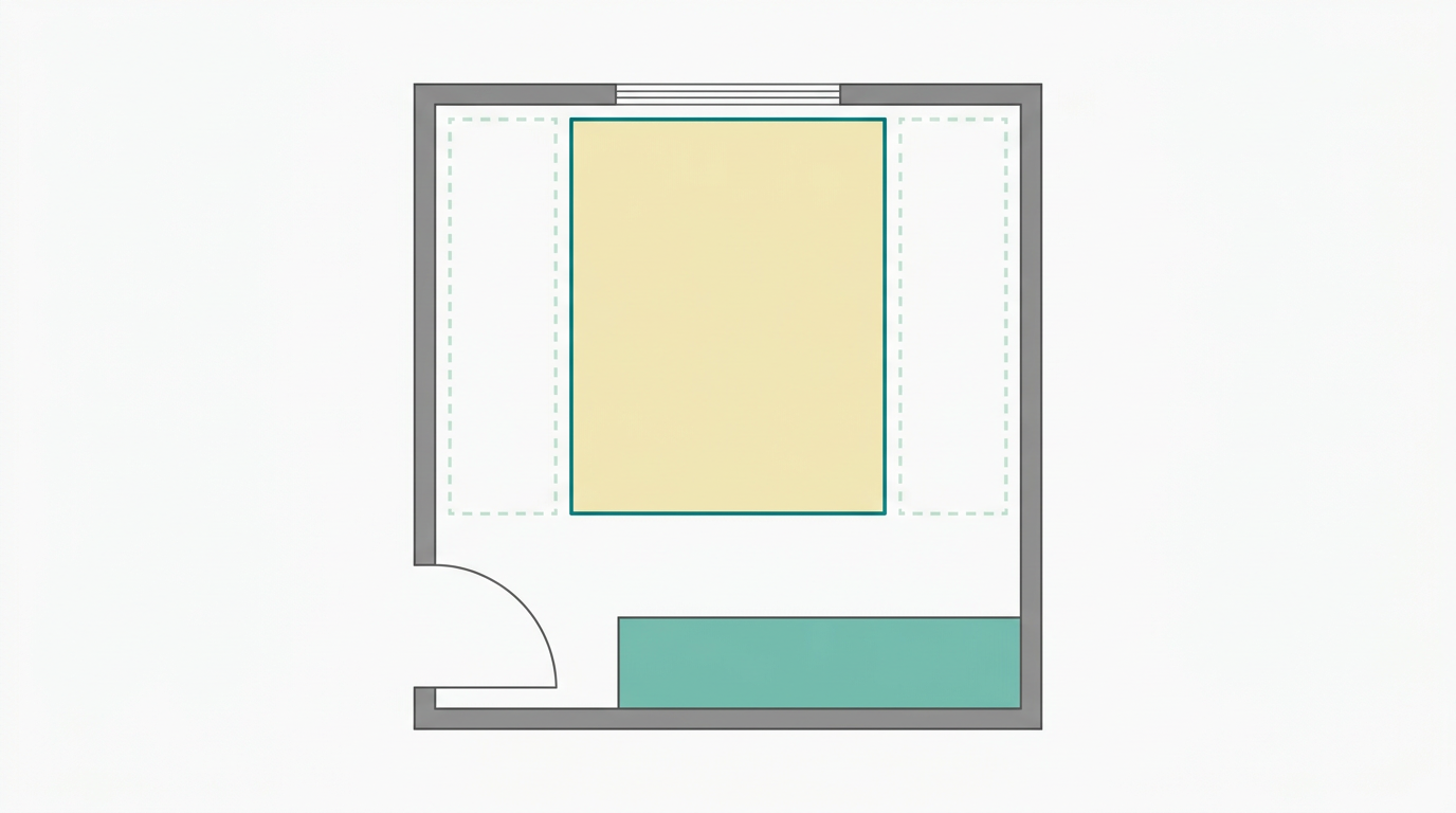 Flat vector top-down orthographic floor plan diagram of a bedroom showing a mattress rectangle centered on one wall in #F2E8B8 with #008282 outline, surrounded by dotted circulation zone margins in #CCE3D4 representing 60 cm clearance on each side, a wardrobe rectangle in #78C2B2 on the opposite wall, door and window indicated as simple outline openings, all on #F9F9F9 background, clean minimalist 2D layout style, no text, no labels, no shadows
