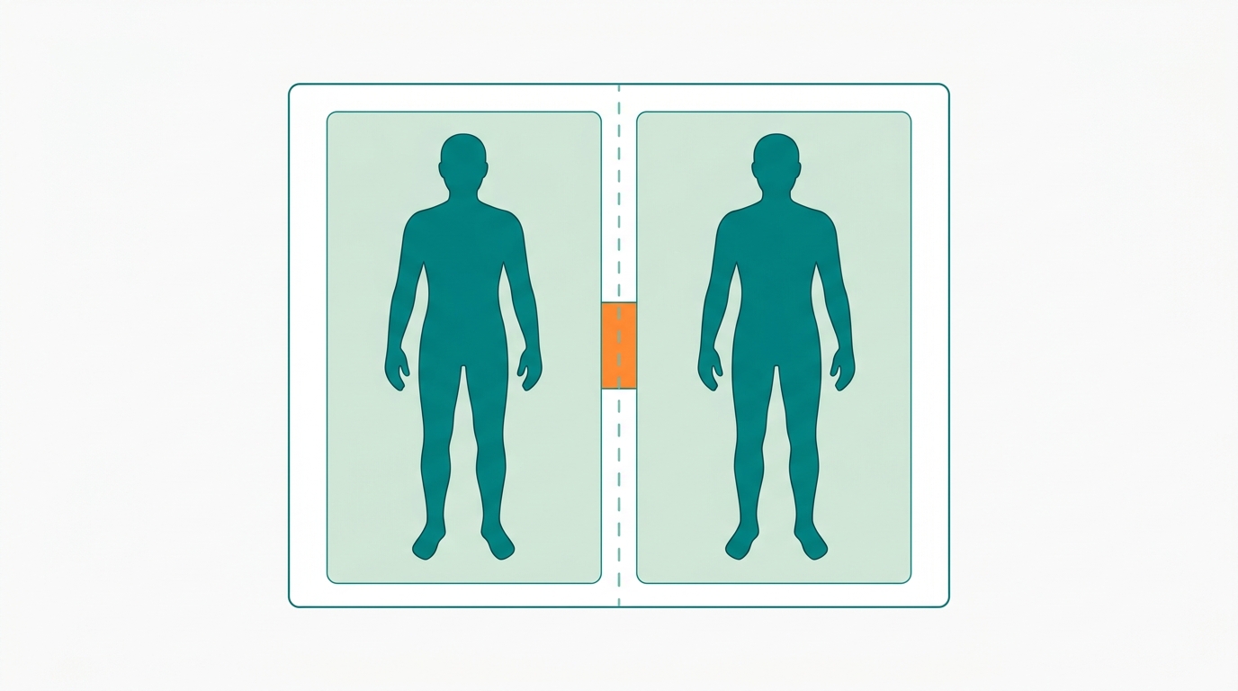 Flat vector diagram showing a top-down orthographic view of a single wide mattress rectangle divided by a subtle dashed center line in #78C2B2, two faceless human silhouettes in #008282 lying side by side with comfortable space between them, zones of personal space lightly filled in #CCE3D4 on each half, pressure zone indicated in a small #FF8A30 area where the two zones nearly touch, background #F9F9F9, minimalist Scandinavian style, no text, generous whitespace
