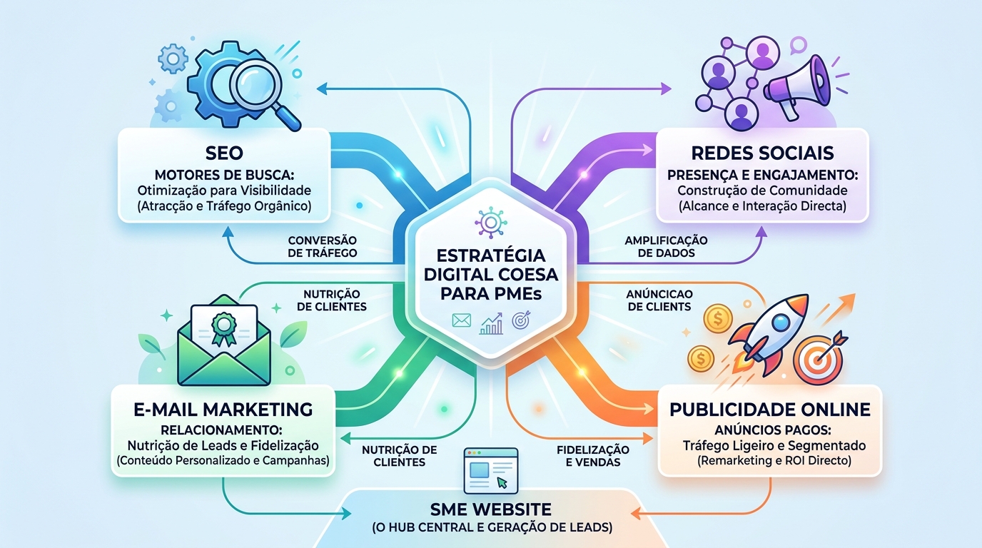 Diagrama visual mostrando os quatro canais principais de marketing digital para PMEs — SEO, redes sociais, email marketing e publicidade online — interligados numa estratégia coesa, com ícones modernos e clean design