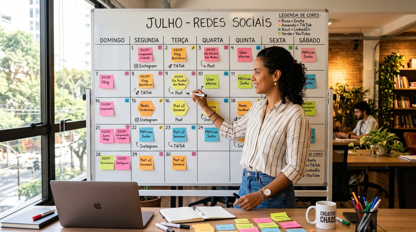 Fotografia de uma pessoa a planear um calendário editorial de redes sociais num quadro branco com post-its coloridos, num espaço de trabalho criativo e iluminado