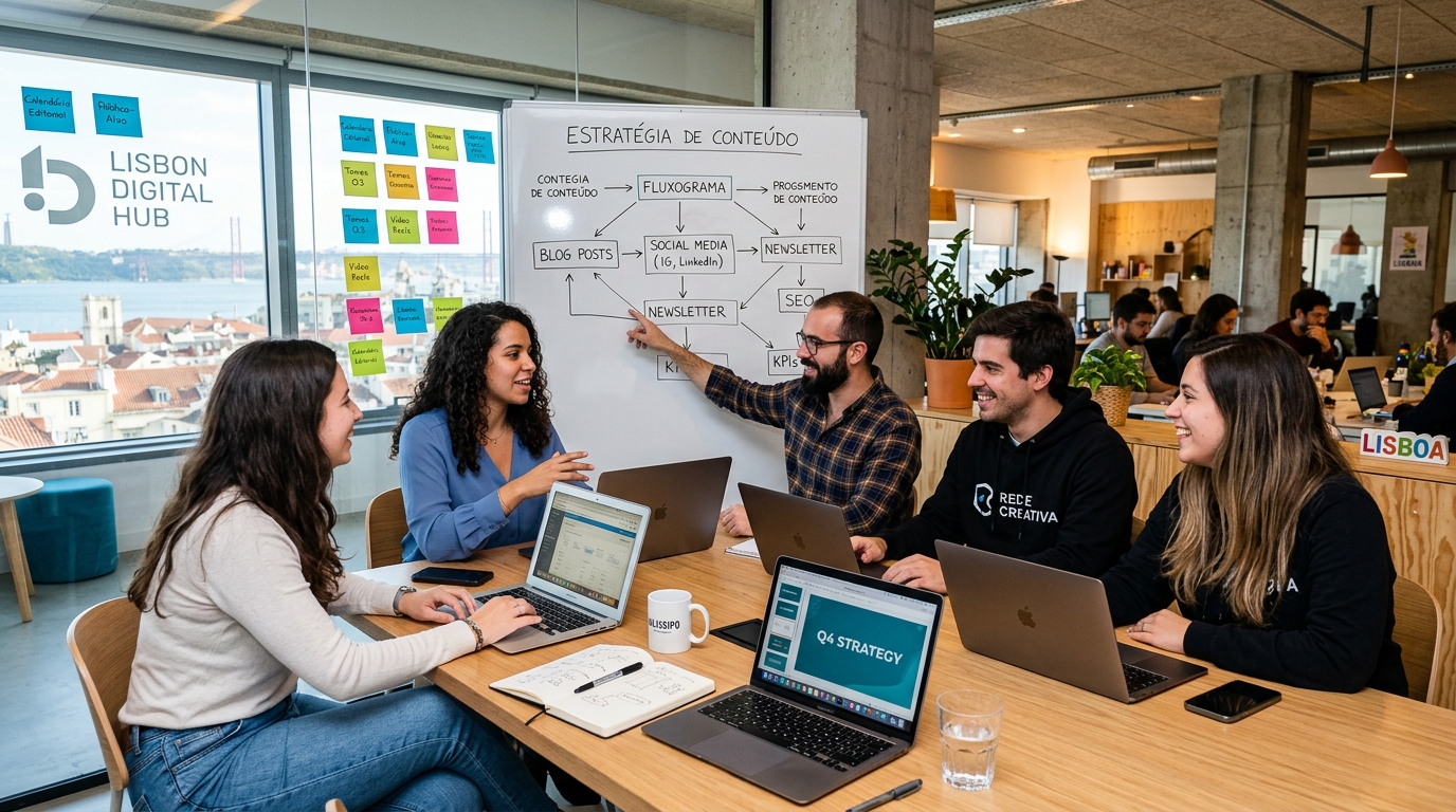 Uma equipa pequena numa mesa de trabalho moderna em Lisboa a discutir uma estratégia de conteúdo digital, com computadores portáteis abertos, post-its coloridos na parede e um quadro branco com um fluxograma