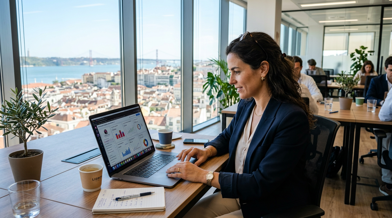 Fotografia de uma empresária portuguesa a trabalhar num computador portátil com dashboards de redes sociais no ecrã, numa mesa de escritório moderna e bem iluminada em Lisboa