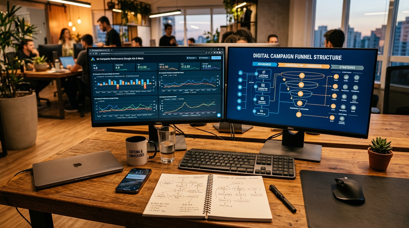 Fotografia de uma mesa de trabalho com dois monitores a mostrar gráficos e estruturas de campanhas digitais, bloco de notas com esboços de fluxogramas, ambiente de agência ou escritório moderno, iluminação quente e profissional