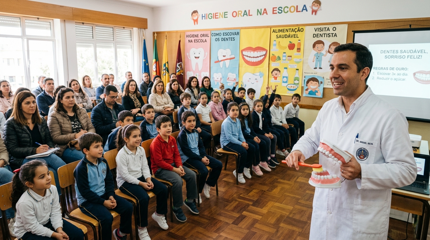 Fotografia de uma sessão de esclarecimento sobre saúde oral numa escola portuguesa, com um médico dentista a falar para um grupo de crianças e pais sentados em cadeiras, num espaço iluminado com cartazes sobre higiene oral nas paredes