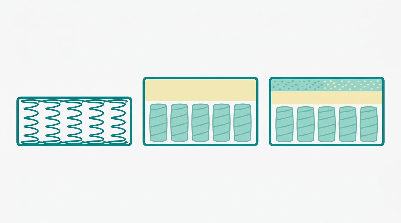 Diagrama horizontal em estilo editorial flat vector mostrando três colchões em corte transversal lado a lado, representando três gerações: o primeiro com apenas uma camada de molas bonnel simples em #008282, o segundo com molas ensacadas em #78C2B2 e uma camada de espuma em #F2E8B8, o terceiro com múltiplas camadas distinguíveis — molas ensacadas, espuma HR, viscoelástica com gel — cada camada claramente delimitada e preenchida com as cores da paleta. Fundo #F9F9F9, composição em paisagem 16:9, sem texto, sem sombras, sem gradientes.