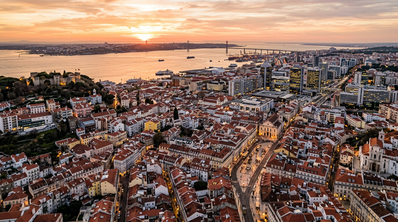 Fotografia aérea de Lisboa ao pôr do sol com o Rio Tejo ao fundo, mostrando a diversidade arquitetónica da cidade, representando a dinâmica e complexidade do mercado empresarial da capital portuguesa