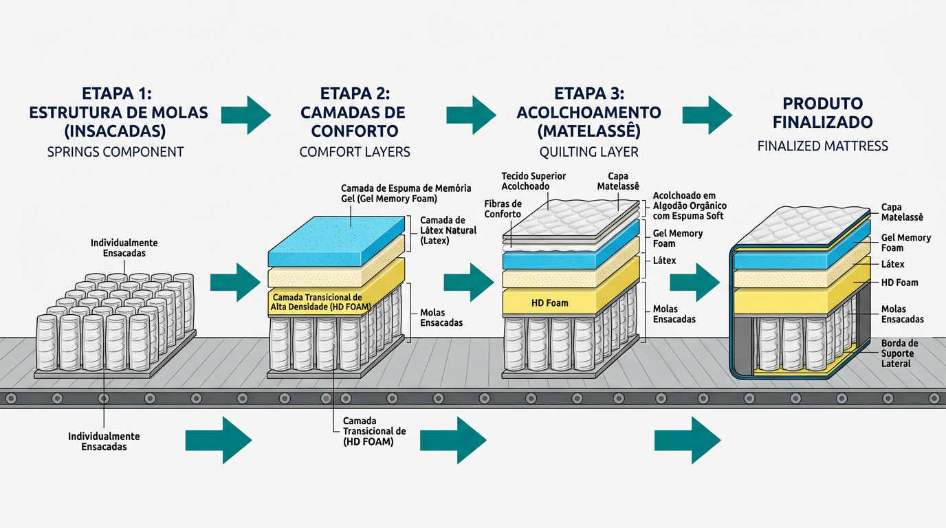 Vista lateral em corte transversal de um colchão em produção industrial, mostrando camadas de espuma e molas organizadas em sequência da esquerda para a direita, representando as etapas do processo produtivo, com setas direcionais em #008282 sobre fundo #F9F9F9