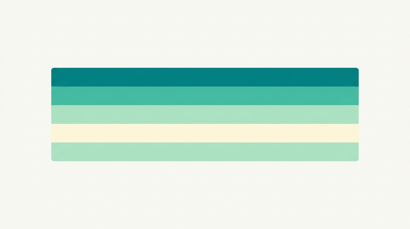Vista em corte transversal de um colchão representado como um retângulo horizontal com 3 a 5 camadas horizontais bem distintas, cada uma com uma cor diferente da paleta (teal, soft teal, pale mint, cream), sem texto, sem marcas, sem perspetiva 3D. Composição centrada sobre fundo off-white.