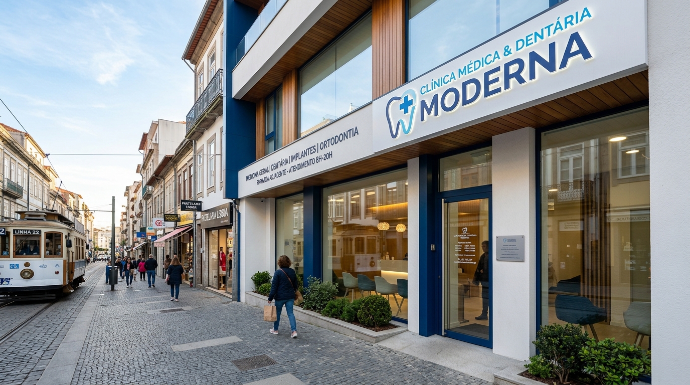 Fotografia exterior de uma clínica médica ou dentária moderna em Portugal, com fachada clean em tons de branco e azul, sinalização clara e bem iluminada, localizada numa rua comercial