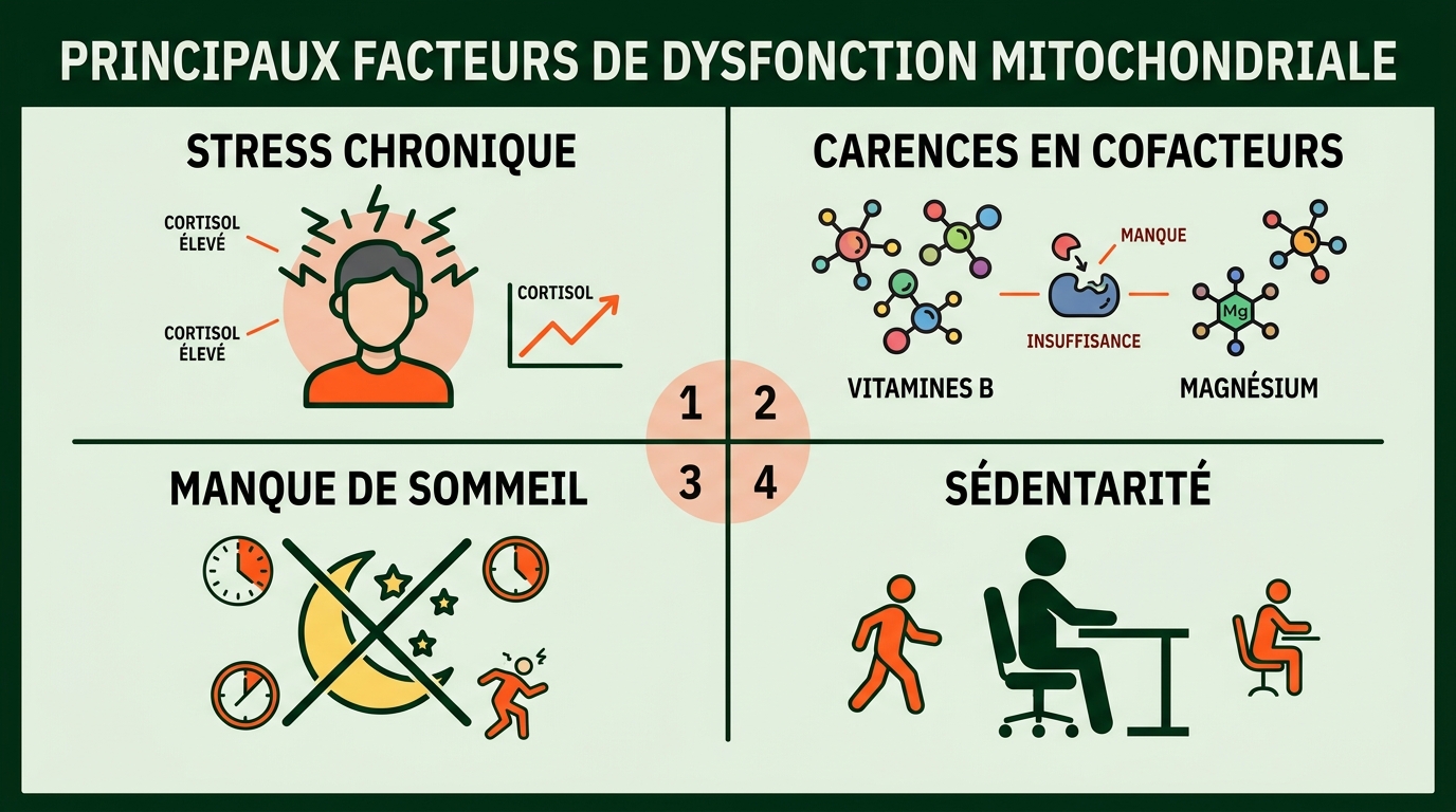 Infographie scientifique plate à 4 quadrants illustrant les principaux facteurs de dysfonction mitochondriale : 1. Stress chronique (cortisol élevé, icône onde de stress), 2. Carences en cofacteurs (vitamines B, magnésium, icône molécule), 3. Manque de sommeil (lune barrée), 4. Sédentarité (silhouette assise). Chaque quadrant sur fond #EBEFE8, bordure #002B14, accent de danger en #FE581B pour chaque facteur. Titres courts en IBM Plex Sans Condensed. Format paysage.