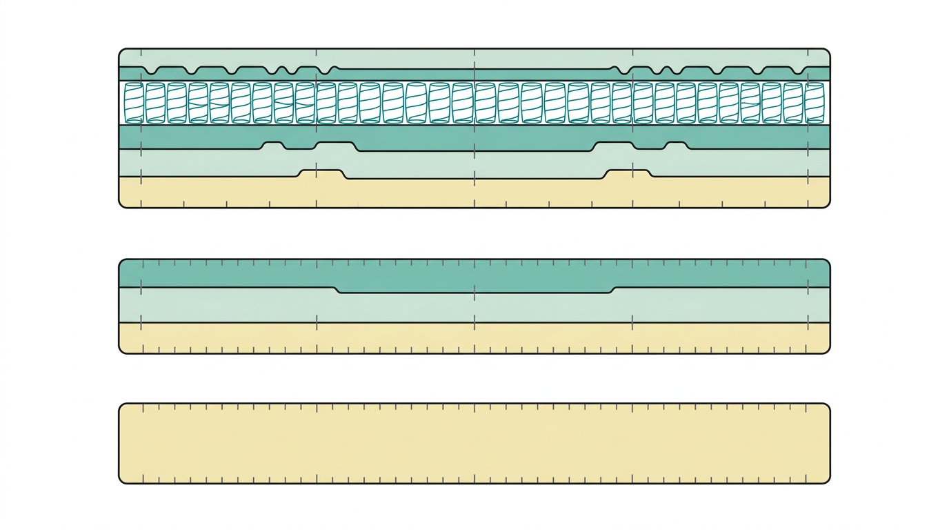 Flat vector diagram showing three horizontal mattress cross-sections stacked vertically, each with 6:1 width-to-height ratio. Bottom mattress has 1 visible layer filled in #F2E8B8 (basic entry-level). Middle mattress has 3 layers in #F2E8B8, #CCE3D4, and #78C2B2 (mid-range). Top mattress has 5 layers in #F2E8B8, #CCE3D4, #78C2B2, #008282 outline fills, and #CCE3D4 accent (premium). Each mattress is progressively more detailed in construction. Small tick marks in #7A7A7A indicate layer boundaries. Background #F9F9F9, no text, no prices, generous whitespace.