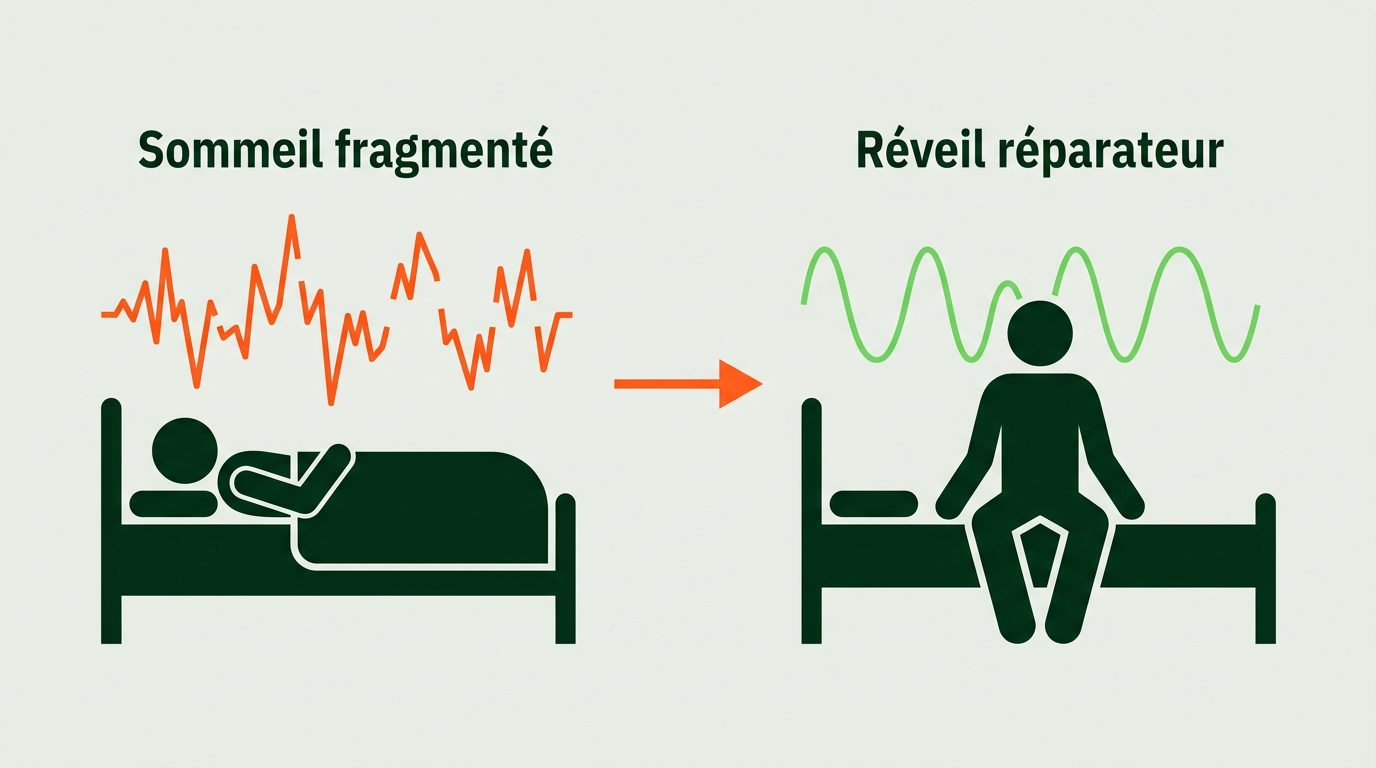 Illustration scientifique horizontale minimaliste en style vecteur plat. Sur fond #EBEFE8, deux états comparés côte à côte : à gauche, une silhouette humaine stylisée allongée dans un lit avec des ondes cérébrales fragmentées représentées au-dessus (lignes brisées en #FE581B) symbolisant un sommeil non réparateur ; à droite, la même silhouette assise droite, éveillée, avec des ondes lisses et régulières (#76DB5D). Une flèche centrale indique la transition entre les deux états. Typographie IBM Plex Sans Condensed, labels très courts : Sommeil fragmenté / Réveil réparateur. Palette stricte : #EBEFE8, #002B14, #76DB5D, #FE581B.