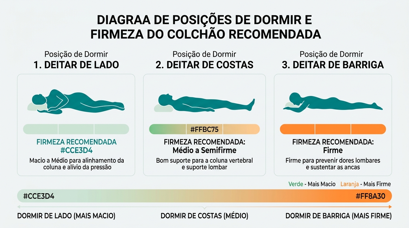 Diagrama com três silhuetas humanas em #008282 em diferentes posições de dormir (lateral, costas, barriga) alinhadas horizontalmente, com uma escala de firmeza em gradiente de #CCE3D4 a #FF8A30 por baixo, indicando a relação entre posição e firmeza recomendada, fundo #F9F9F9