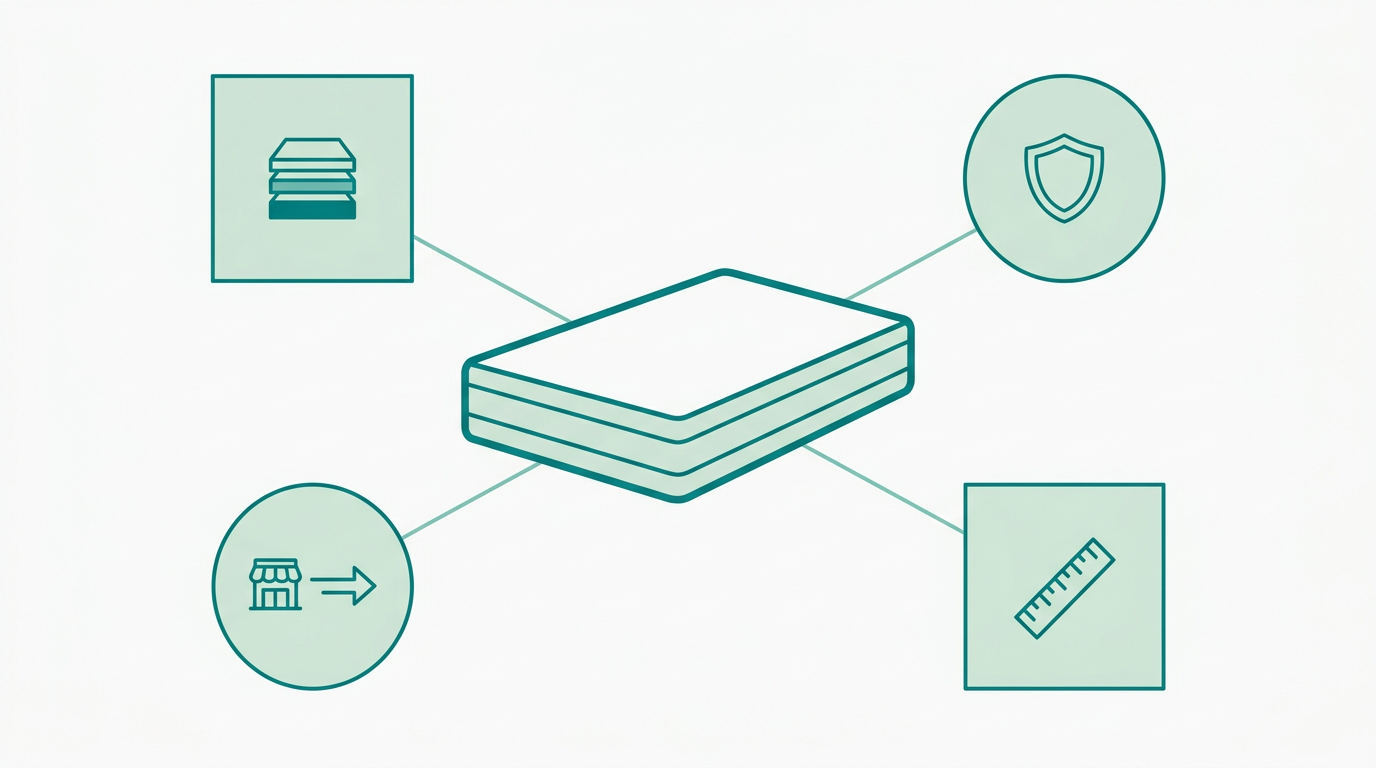 Flat vector diagram showing a central mattress rectangle in 6:1 ratio outlined in #008282 with three visible layers. Surrounding it are four simple geometric shapes (squares or circles) connected by thin lines in #78C2B2, each filled in #CCE3D4 with a small abstract icon suggesting: material layers (stacked horizontal bars), a certification badge (simple shield outline), a building vs arrow symbol (store vs direct), and a measurement ruler. All shapes filled in #CCE3D4 outlined in #008282. Background #F9F9F9, generous whitespace, no text or labels.