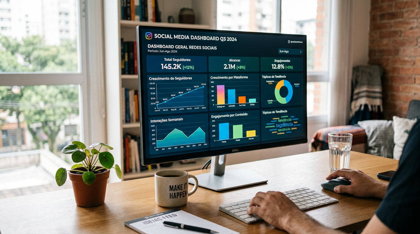 Fotografia de um ecrã de computador a mostrar um dashboard de métricas de redes sociais com gráficos coloridos, numa secretária de trabalho moderna com luz natural