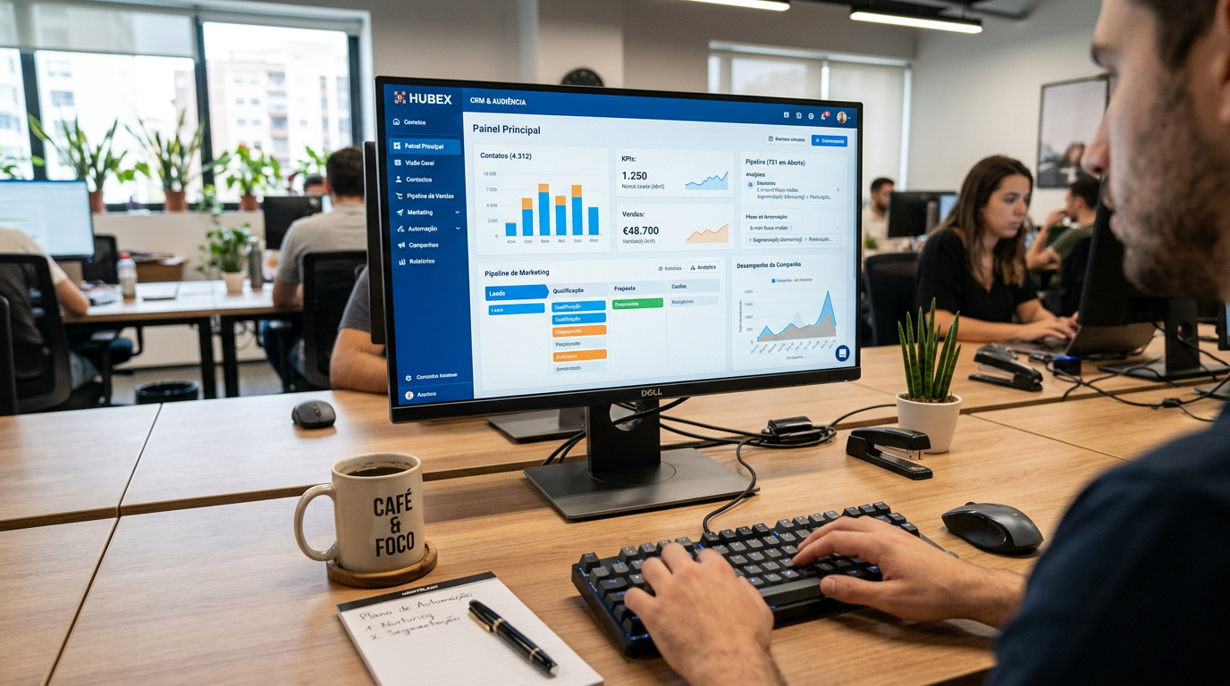 Fotografia de ecrã de computador com interface de software de CRM e automação de marketing, numa secretária de escritório organizado, com uma chávena de café ao lado, sugerindo foco e produtividade