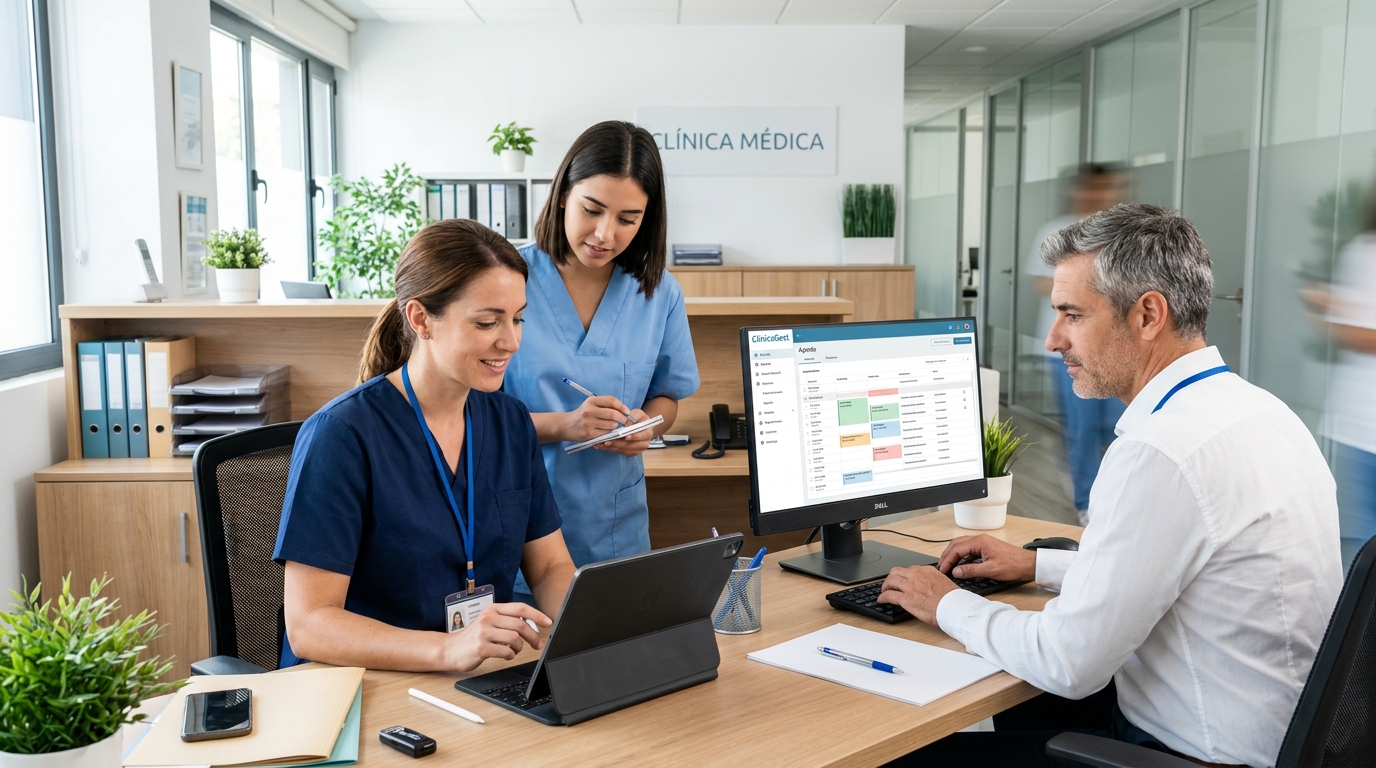 Fotografia de uma equipa de clínica a trabalhar com software de gestão num tablet e num computador, num ambiente de trabalho organizado e profissional