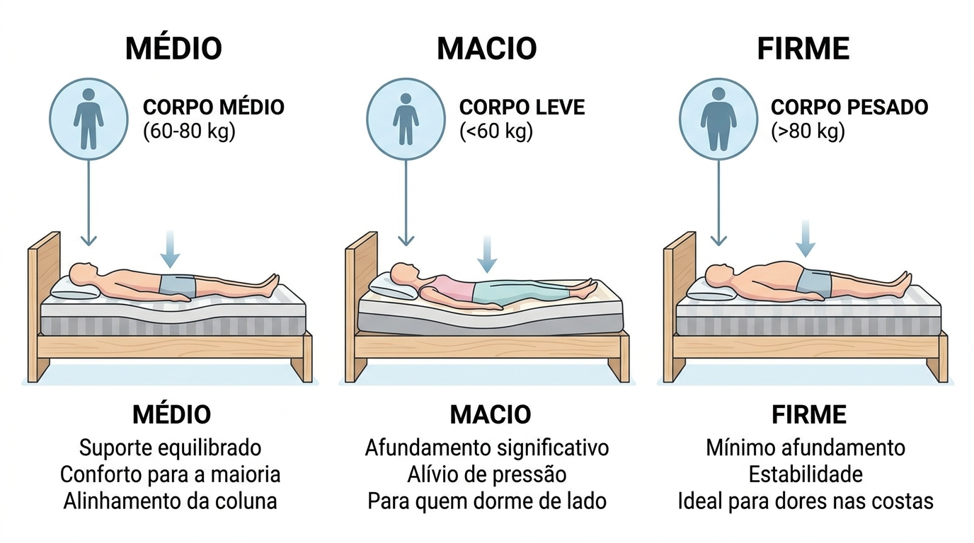 Ilustração comparativa mostrando três perfis de colchão com diferentes níveis de afundamento: macio, intermédio e firme, com ícones representando corpos leves, médios e pesados em cada um