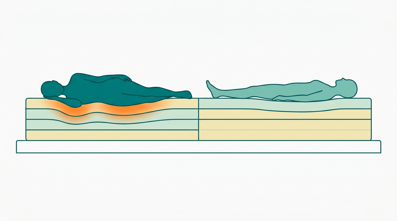 Flat vector 16:9 diagram showing a side-view cross-section of a wide mattress (6:1 ratio, layers in #F2E8B8 and #CCE3D4 with #008282 outlines). On the left side, one faceless silhouette in #008282 lies on its side with shoulder and hip creating a deeper contour impression shown as a soft #FF8A30 zone. On the right side, another faceless silhouette in #78C2B2 lies on its back with a shallower uniform contact zone in #CCE3D4. The contrast between the two contact impressions communicates different firmness needs. Background #F9F9F9, no text, generous whitespace.