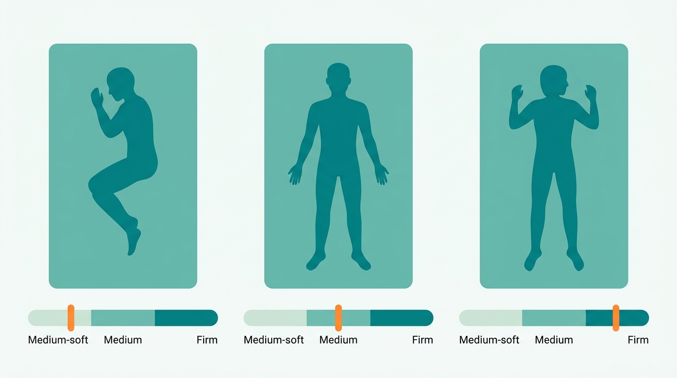 Flat vector diagram showing three sleeping positions side by side in landscape format: side sleeper, back sleeper, and stomach sleeper shown as faceless silhouettes in #008282, each on a mattress rectangle. Under each figure, a horizontal firmness bar filled with color gradient zones: #CCE3D4 for medium-soft, #78C2B2 for medium, #008282 for firm. Orange #FF8A30 indicator marks the recommended zone for each position, off-white background, no text, clean minimalist composition