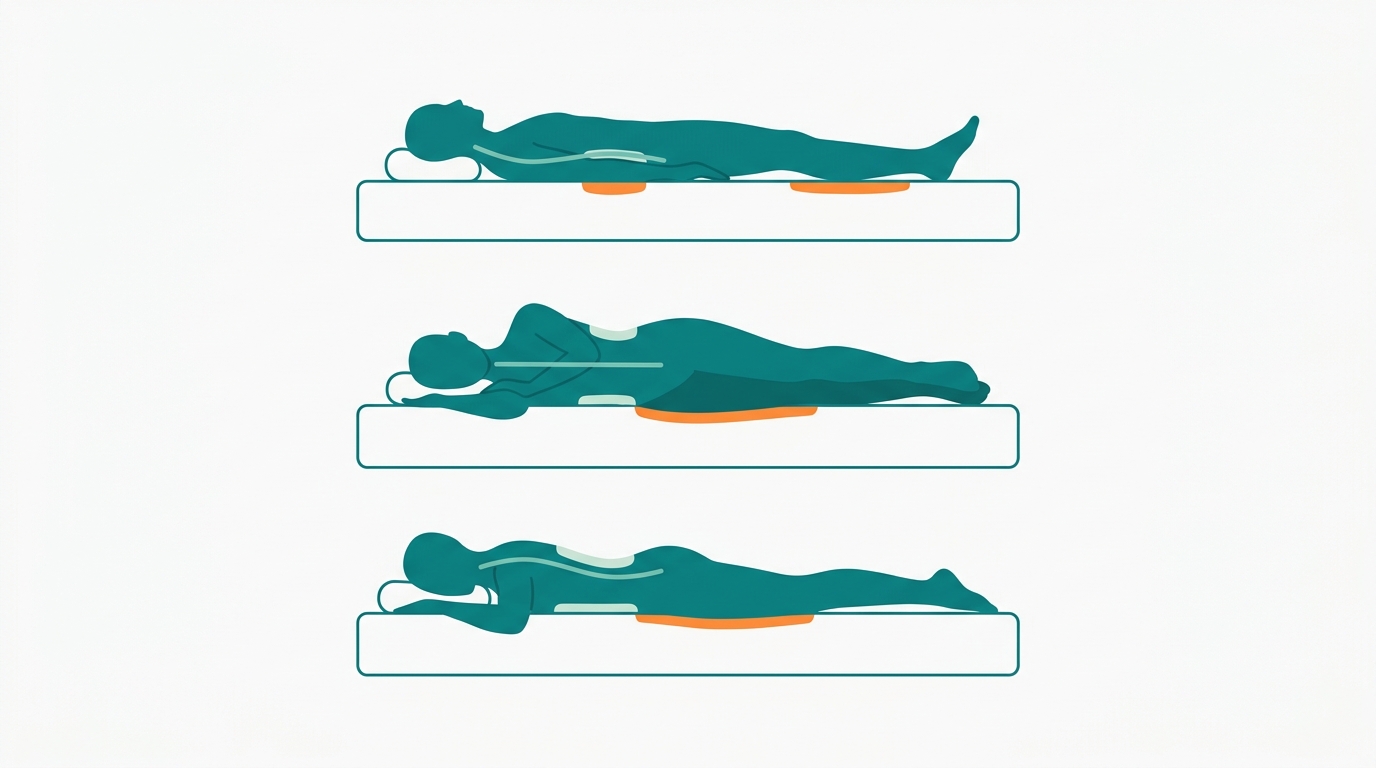 Flat vector diagram in CLC brand style showing three side-view silhouettes of faceless human figures in 008282 lying in three different sleep positions: on back, on side, on stomach. Each figure lies on a mattress rectangle in 6:1 ratio. Spinal alignment is shown as a line in 78C2B2, with correct alignment zones in CCE3D4 and pressure zones in FF8A30 corresponding to each position. Background F9F9F9, ample whitespace, no text, no bedroom props.