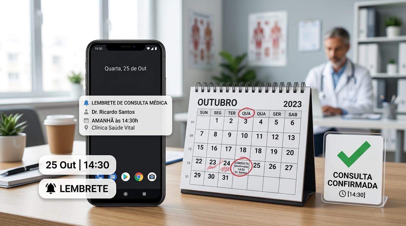 Infografia fotográfica mostrando um smartphone com notificações de lembrete de consulta médica, ao lado de um calendário de agendamentos e um ícone de confirmação, sobre uma mesa de escritório clínico
