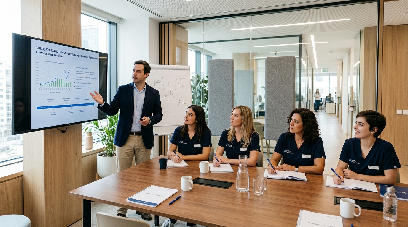 Fotografia de uma equipa de receção de uma clínica reunida numa sala moderna, a receber formação com um gestor a apresentar informação num ecrã, ambiente profissional e colaborativo