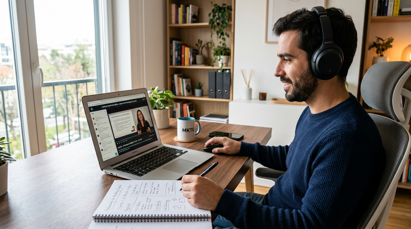 Fotografia de um homem a trabalhar num programa de formação online em marketing digital, com fones nos ouvidos, ecrã com aula em vídeo e caderno de apontamentos ao lado, em ambiente doméstico ou home office moderno e bem iluminado