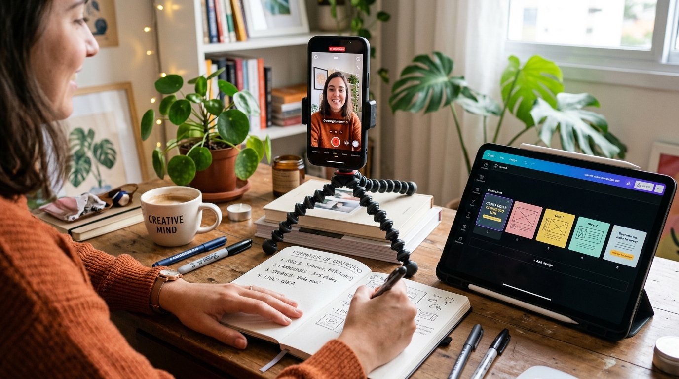 Fotografia de uma mesa de trabalho com um smartphone a gravar um vídeo curto para redes sociais, um caderno aberto com esboços de formatos de conteúdo e um tablet com um design de carrossel no ecrã. Ambiente criativo e descontraído.