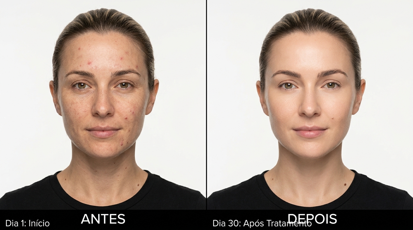 Dois painéis lado a lado mostrando uma fotografia padronizada de antes e depois de um tratamento de pele, com iluminação profissional uniforme, fundo branco neutro, sem filtros, câmara posicionada ao mesmo nível nas duas imagens
