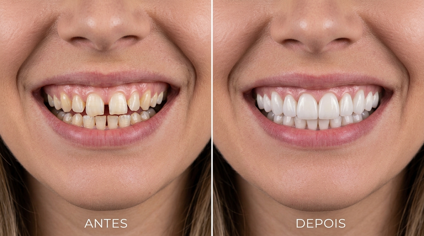 Díptico fotográfico profissional mostrando o mesmo sorriso antes e depois da colocação de facetas dentárias, com fundo branco neutro, iluminação controlada e enquadramento padronizado, evidenciando a transformação de forma natural e credível