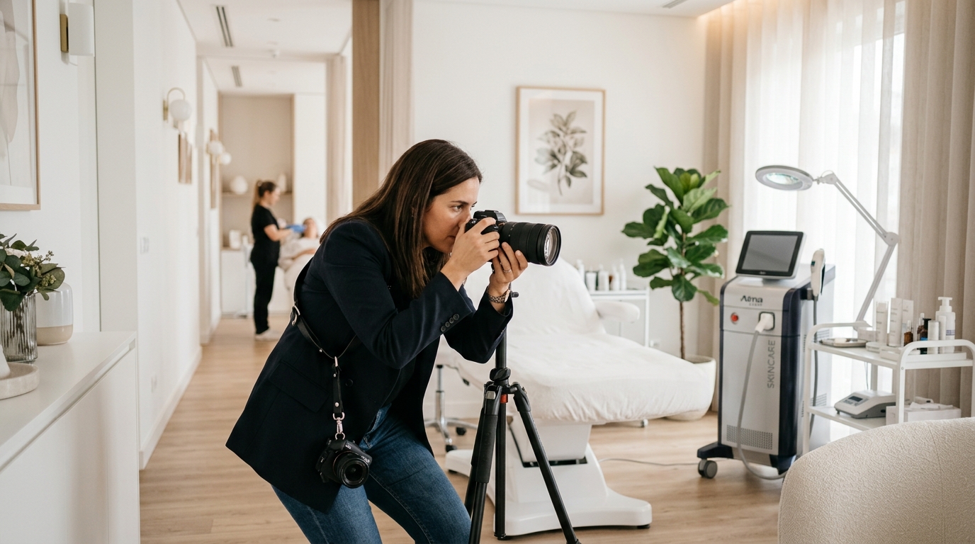 Fotografia de um fotógrafo profissional a fotografar o interior moderno de uma clínica de estética, com equipamentos médicos ao fundo, iluminação suave e decoração neutra em tons brancos e bege