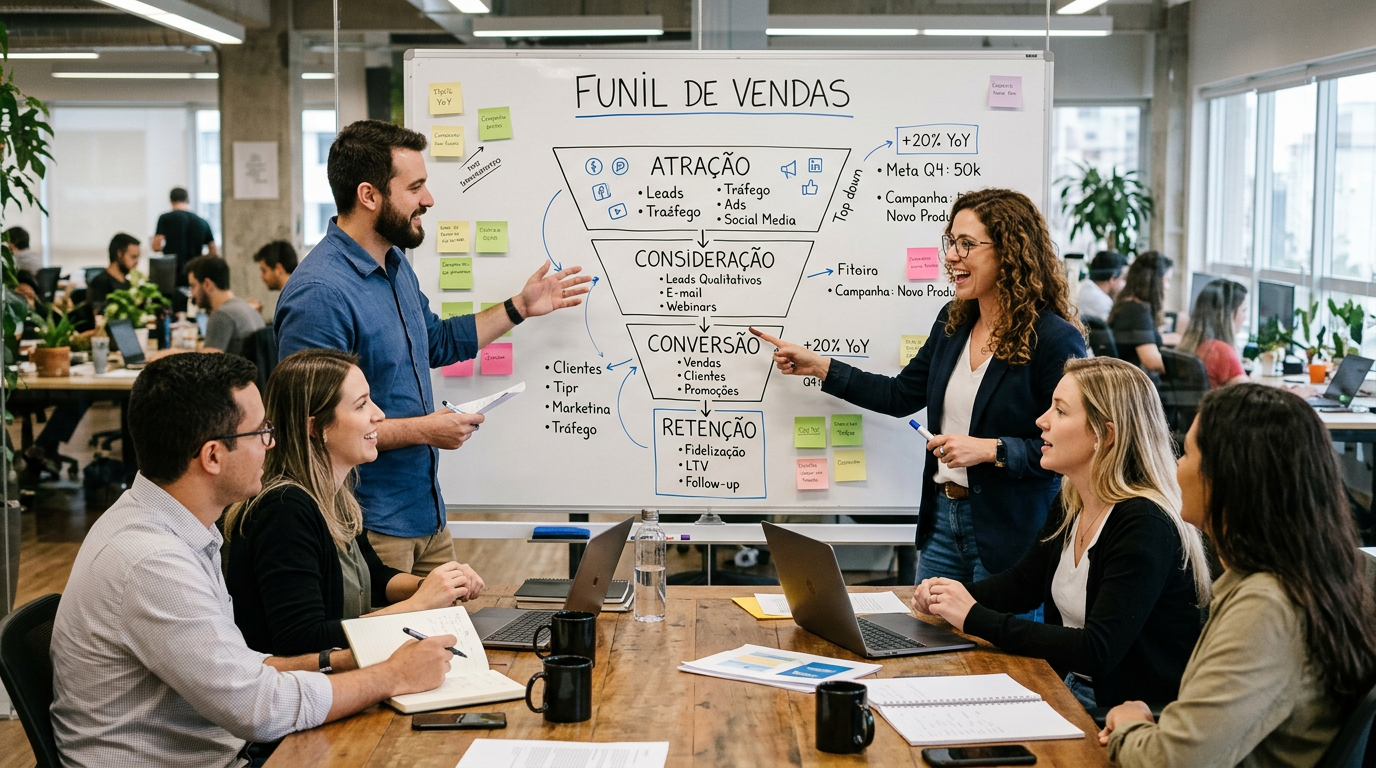Fotografia de um quadro branco num escritório com um diagrama de funil de vendas desenhado, rodeado por uma equipa de marketing a discutir estratégia, transmitindo colaboração e planeamento