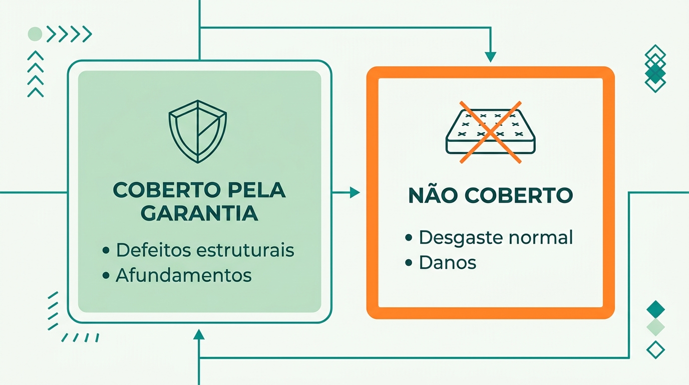 Diagrama de dois blocos lado a lado. Bloco esquerdo preenchido em verde menta (#CCE3D4) com ícone geométrico de escudo representando "Coberto pela Garantia" (defeitos estruturais, afundamentos). Bloco direito com contorno laranja (#FF8A30) representando "Não Coberto" (desgaste normal, danos). Layout centrado, fundo off-white, linhas em teal (#008282).