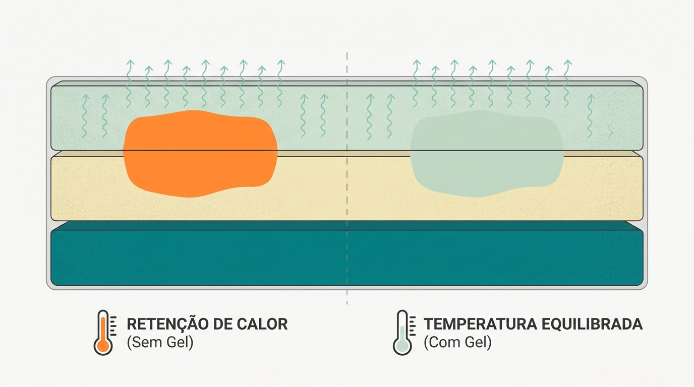 Diagrama em corte transversal de um colchão com 3 camadas visíveis. A camada superior está preenchida em #CCE3D4 com pequenas setas a apontar para cima representando dissipação de calor (linhas #78C2B2), a camada intermédia em #F2E8B8 representa a viscoelástica, e a camada inferior em #008282 representa o núcleo. No lado esquerdo do diagrama, uma zona laranja em #FF8A30 indica retenção de calor num colchão sem gel; no lado direito, a mesma zona está em #CCE3D4 indicando temperatura equilibrada com gel. Fundo #F9F9F9, sem texto, composição horizontal 16:9.