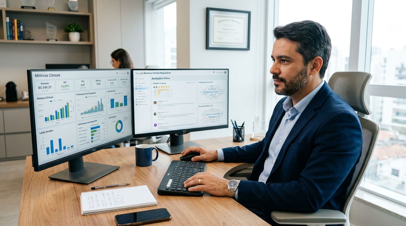 Fotografia de um profissional de marketing ou gestor de clínica sentado à secretária, com dois monitores à frente mostrando dashboards e avaliações online, expressão analítica e focada, escritório moderno com luz natural
